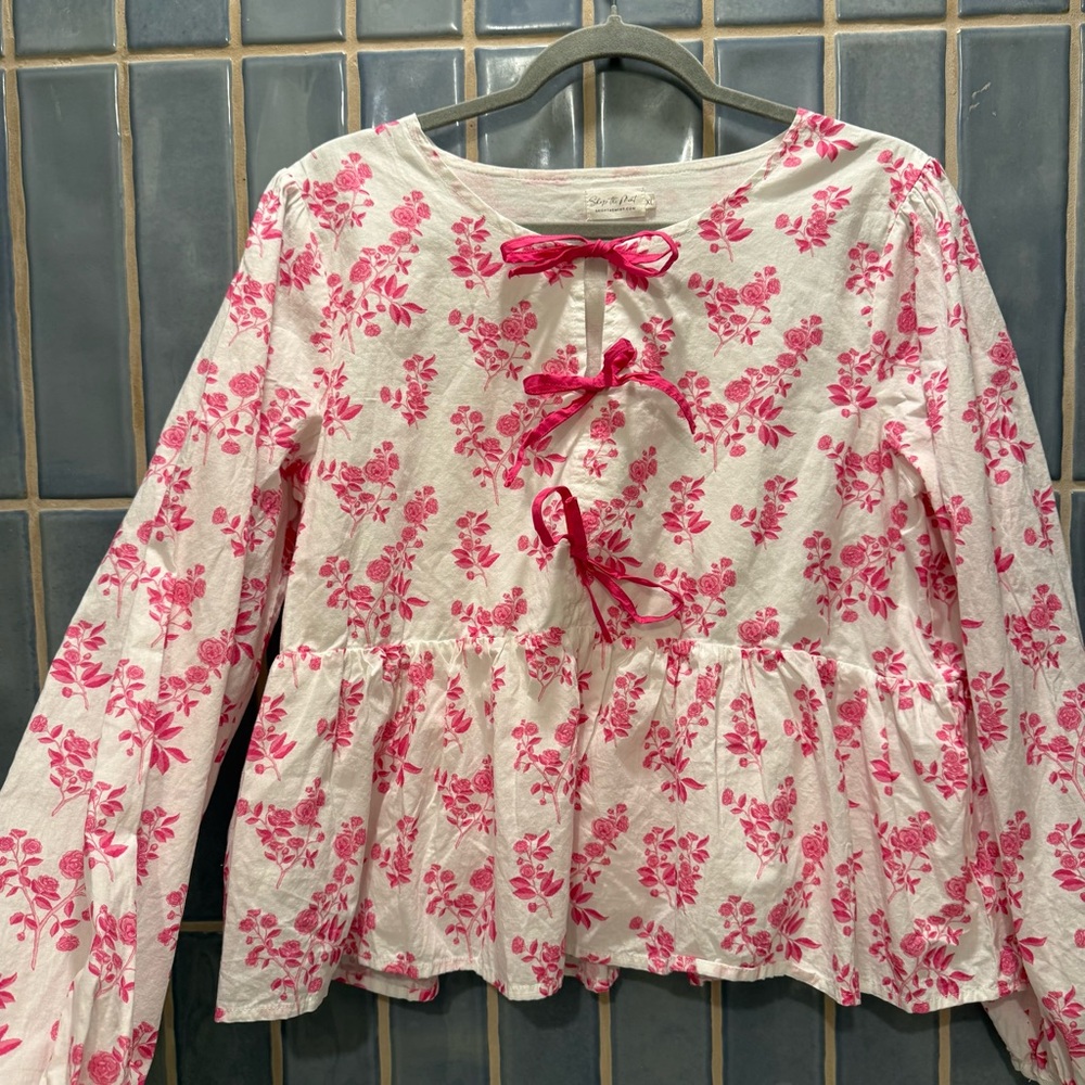 Pink Floral Peplum Tie-Front Blouse